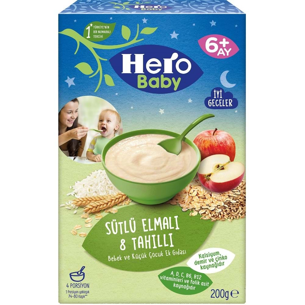 Hero Baby Kaşık Maması 200GR Gece Sütlü Elmalı 8 Tahıllı 3 Lü Set