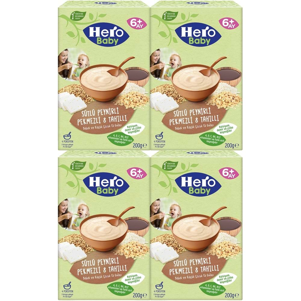 Hero Baby Kaşık Maması 200GR Sütlü Peynirli Pekmezli 8 Tahıllı 4 Lü Set