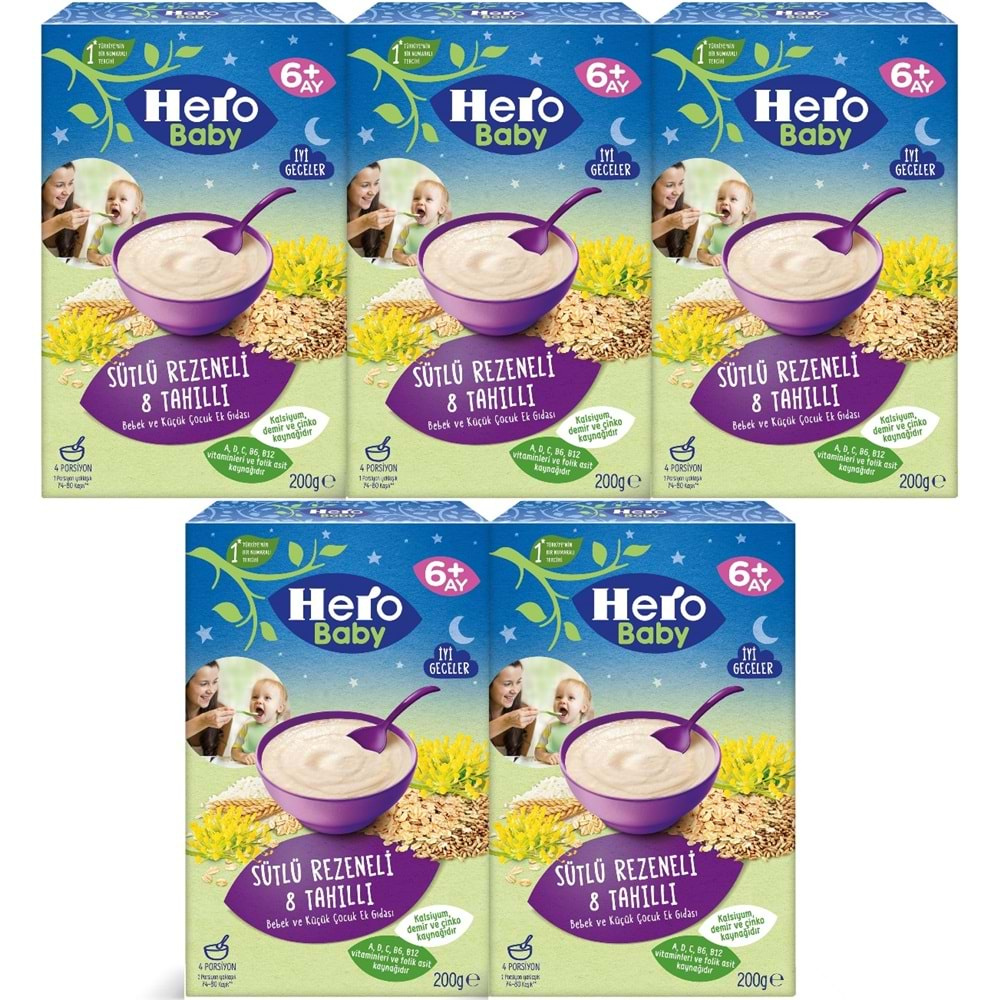 Hero Baby Kaşık Maması 200GR Gece Sütlü Rezeneli 8 Tahıllı 5 Li Set