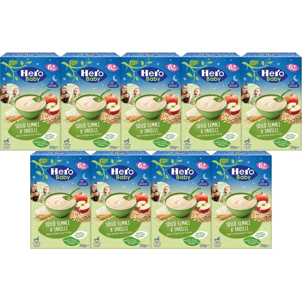 Hero Baby Kaşık Maması 200GR Gece Sütlü Elmalı 8 Tahıllı 9 Lu Set