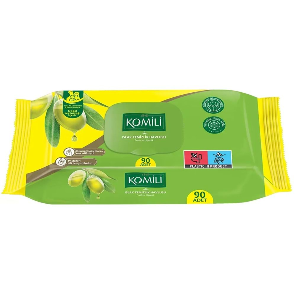 Komili Islak Havlu Mendil 90 Yaprak (3 Lü Set) Zeytin Yağlı Plastik Kapaklı (3PK*90) 270 Yaprak