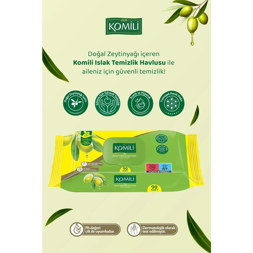 Komili Islak Havlu Mendil 90 Yaprak (5 Li Set) Zeytin Yağlı Plastik Kapaklı (5PK*90) 450 Yaprak