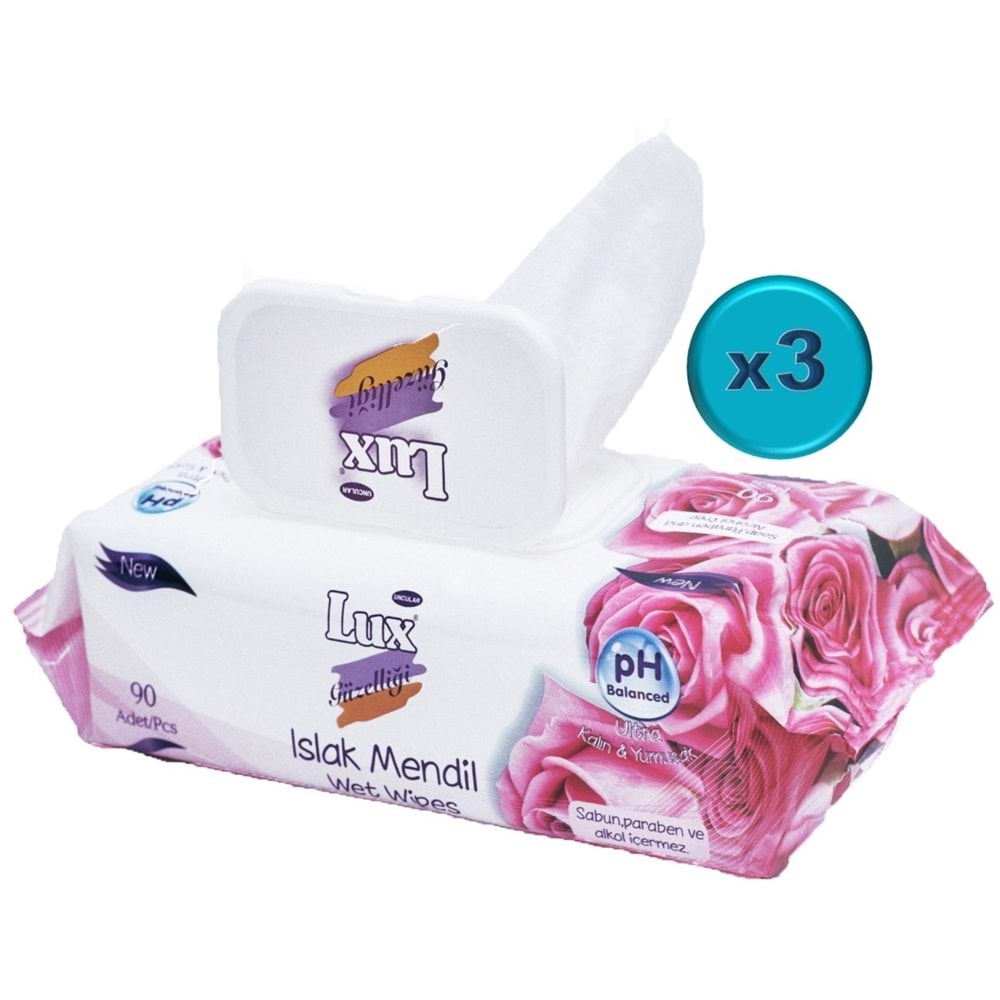 Lux Islak Havlu Mendil 90 Yaprak Gül (3 Lü Set) Plastik Kapaklı