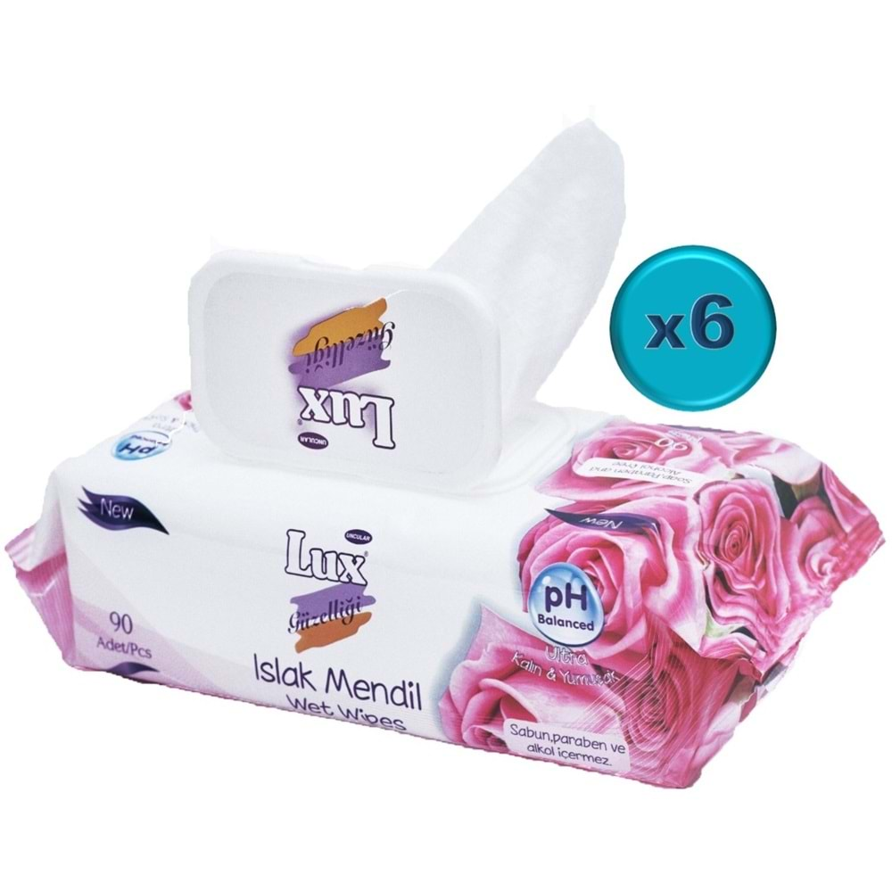 Lux Islak Havlu Mendil 90 Yaprak Gül (6 Lı Set) Plastik Kapaklı