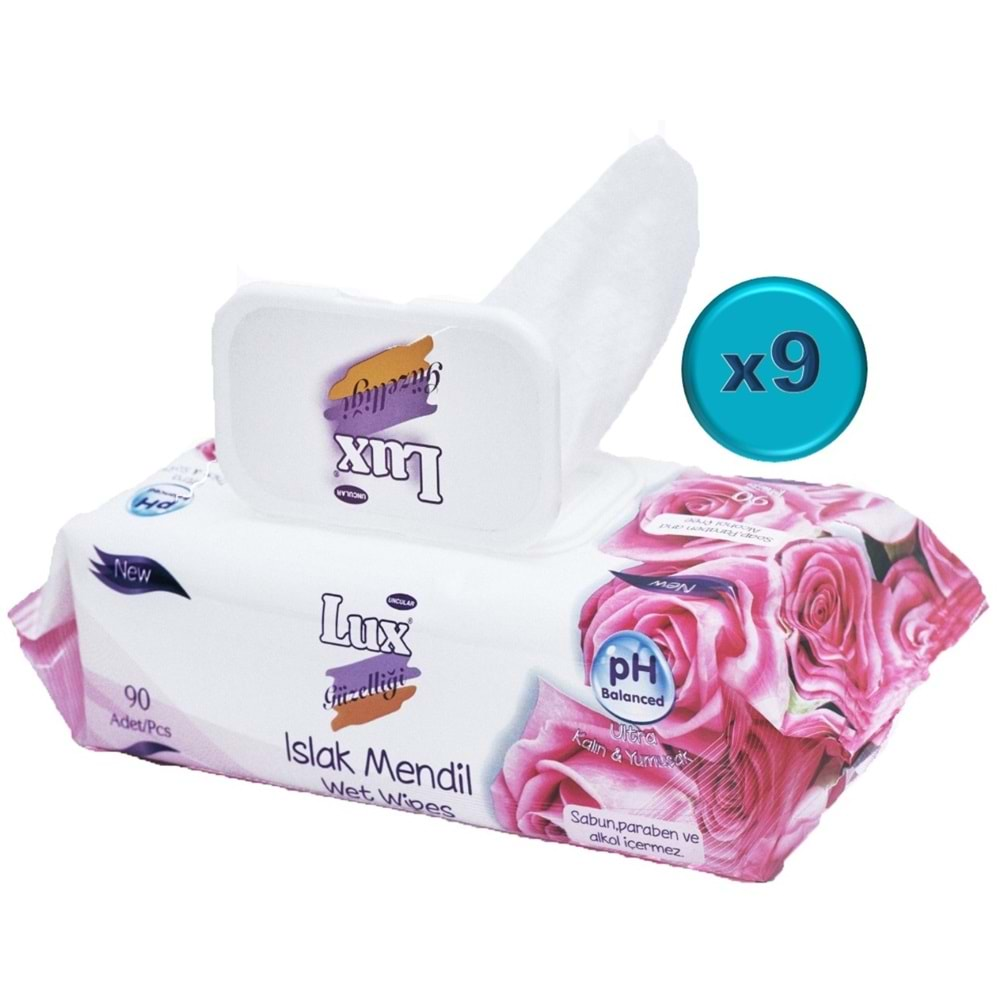 Lux Islak Havlu Mendil 90 Yaprak Gül (9 Lu Set) Plastik Kapaklı