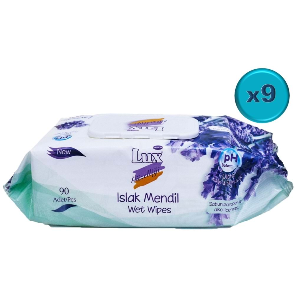 Lux Islak Havlu Mendil 90 Yaprak Lavanta (9 Lu Set) Plastik Kapaklı