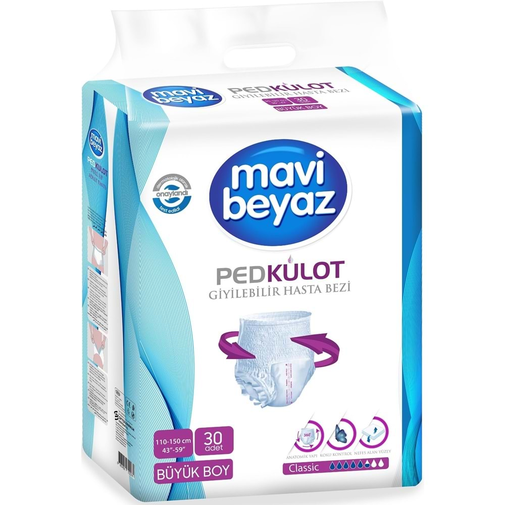 Mavi Beyaz Ped Emici Külot Hasta Bezi L - Large Büyük 60 Adet + Yatak Koruyucu Örtü 60*90CM 30 Adet