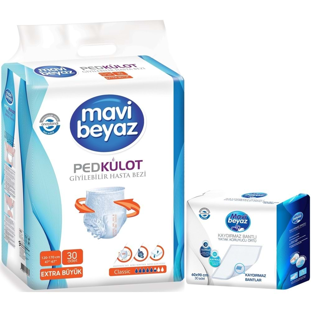 Mavi Beyaz Ped Emici Külot Hasta Bezi XL-Ekstra Büyük 30 Adet + Yatak Koruyucu Örtü 60*90CM 30 Adet