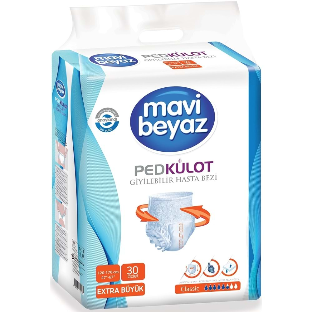 Mavi Beyaz Ped Emici Külot Hasta Bezi XL-Ekstra Büyük 30 Adet + Yatak Koruyucu Örtü 60*90CM 30 Adet