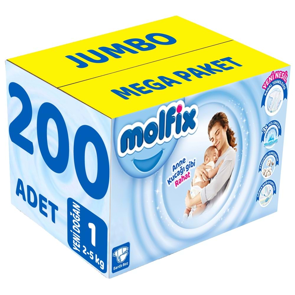 Molfix Bebek Bezi Beden:1 (2-5Kg) Yeni Doğan 200 Adet Jumbo Mega Pk