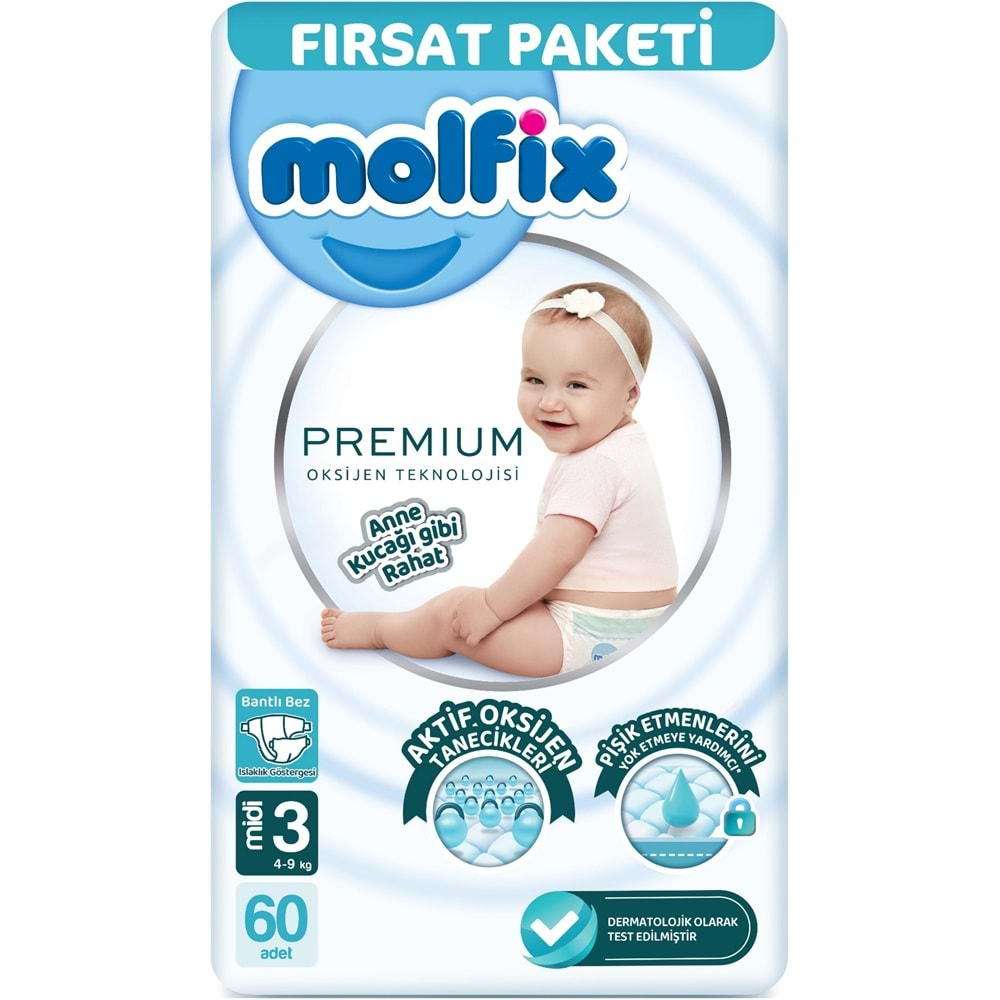 Molfix Premium Bebek Bezi Beden:3 (4-9KG) Midi 180 Adet Fırsat Pk + 6 Adet Islak Mendil