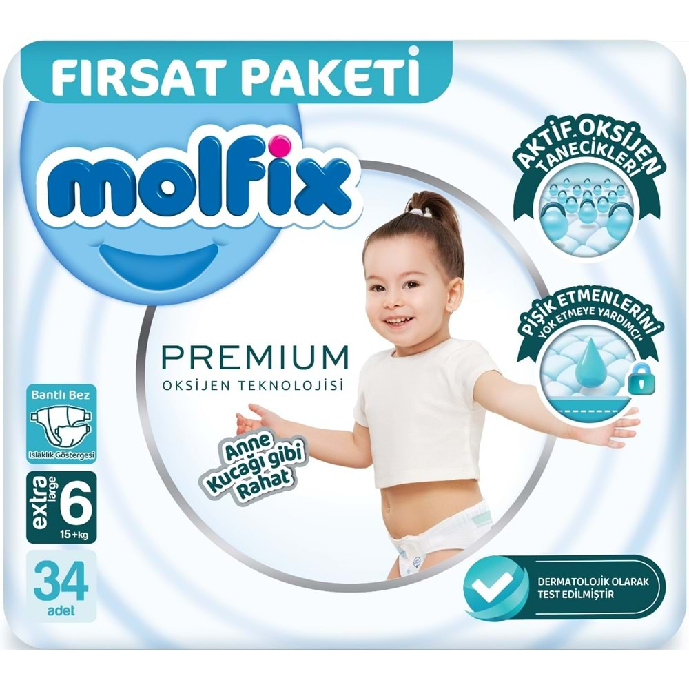 Molfix Premium Bebek Bezi Beden:6 (15+KG) Extra Large 102 Adet Fırsat Pk + 6 Adet Islak Mendil