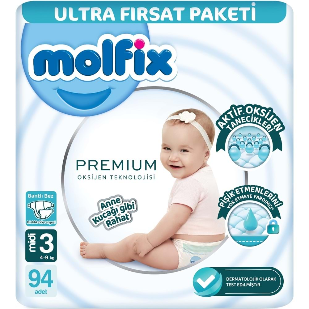 Molfix Premium Bebek Bezi Beden:3 (4-9KG) Midi 188 Adet Ultra Fırsat Pk + 3 Adet Islak Mendil