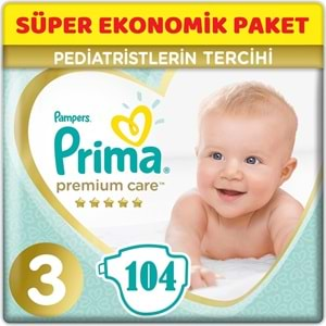 Prima Premium Care Bebek Bezi Beden:3 (6-10Kg) Midi 104 Adet + 3 Lü Mendil Süper Ekonomik Pk