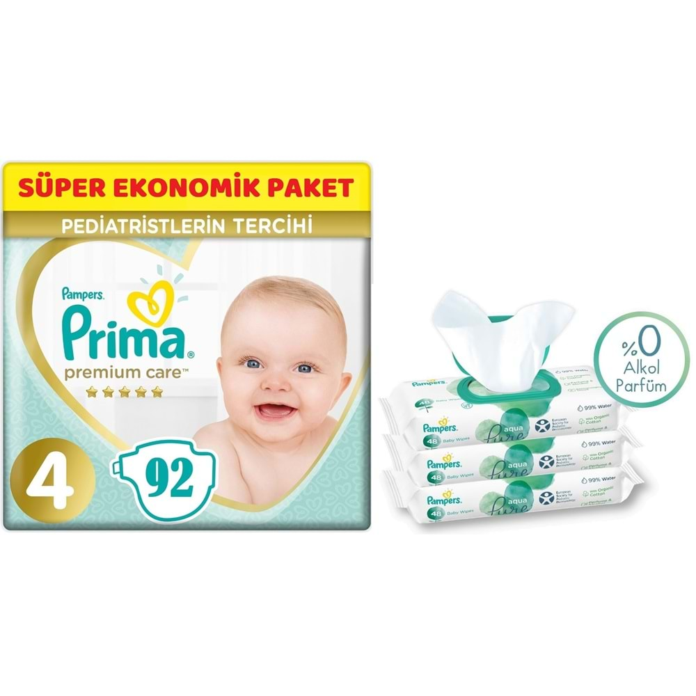 Prima Premium Care Bebek Bezi Beden:4 (9-14Kg) Maxi 92 Adet + 3 Lü Mendil Süper Ekonomik Pk