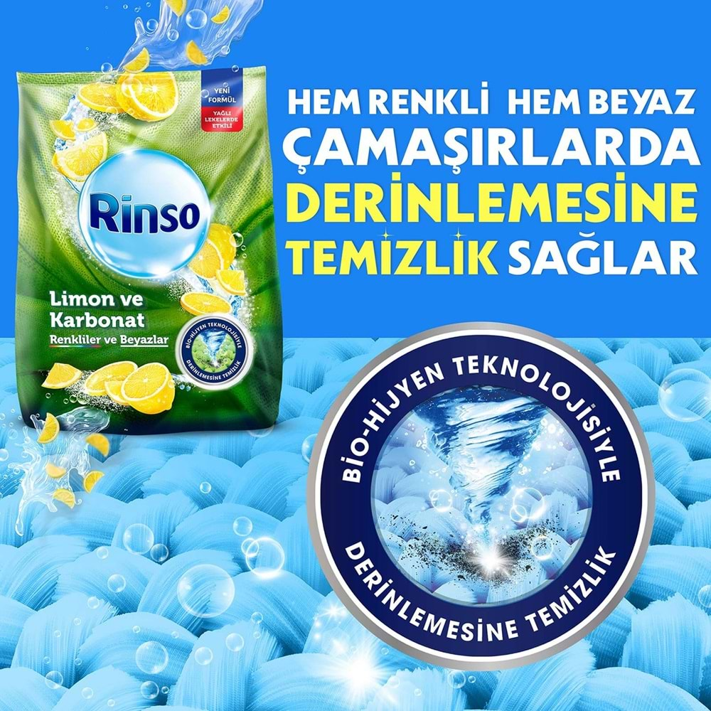 Rinso Matik Toz Deterjan 16KG Limon ve Karbonat / Renkliler ve Beyazlar İçin (2PK*8KG) (106 Yıkama)