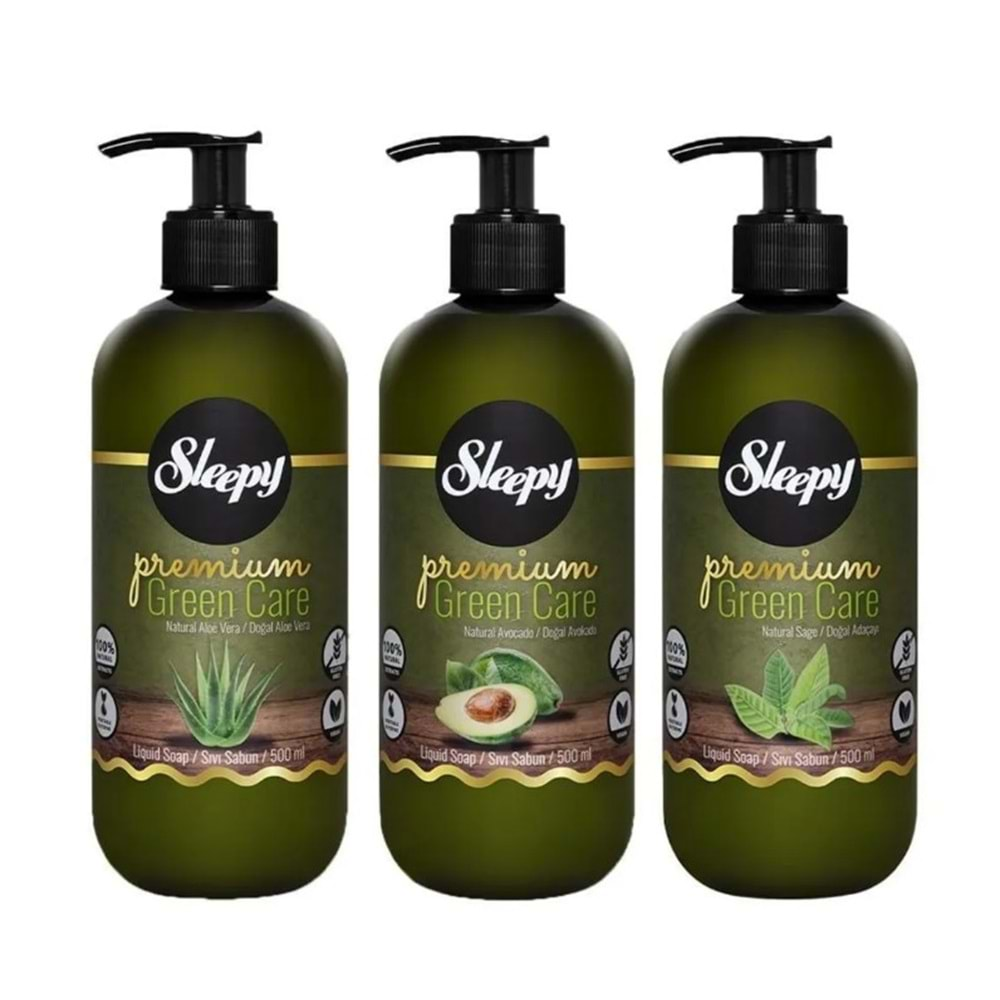 Sleepy Sıvı Sabun Premium 500ML Green Care Seri (Doğal Aloe Vera/Avokado/Adaçayı) (12 Li Set)