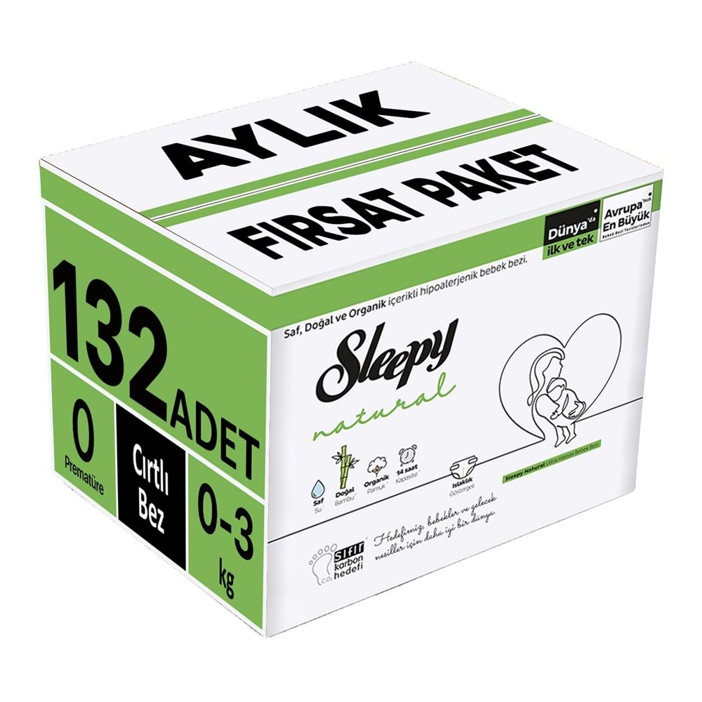 Sleepy Bebek Bezi Natural Beden:0 (0-3KG) Prematüre 132 Adet Aylık Fırsat Pk