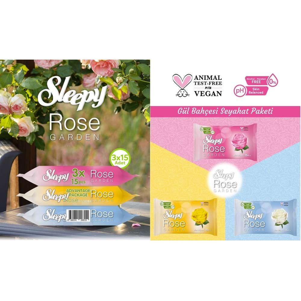 Sleepy Islak Havlu Cep Mendil 15 Yaprak (15 Li Set) Rose/Garden (5PK*3) 225 Yaprak