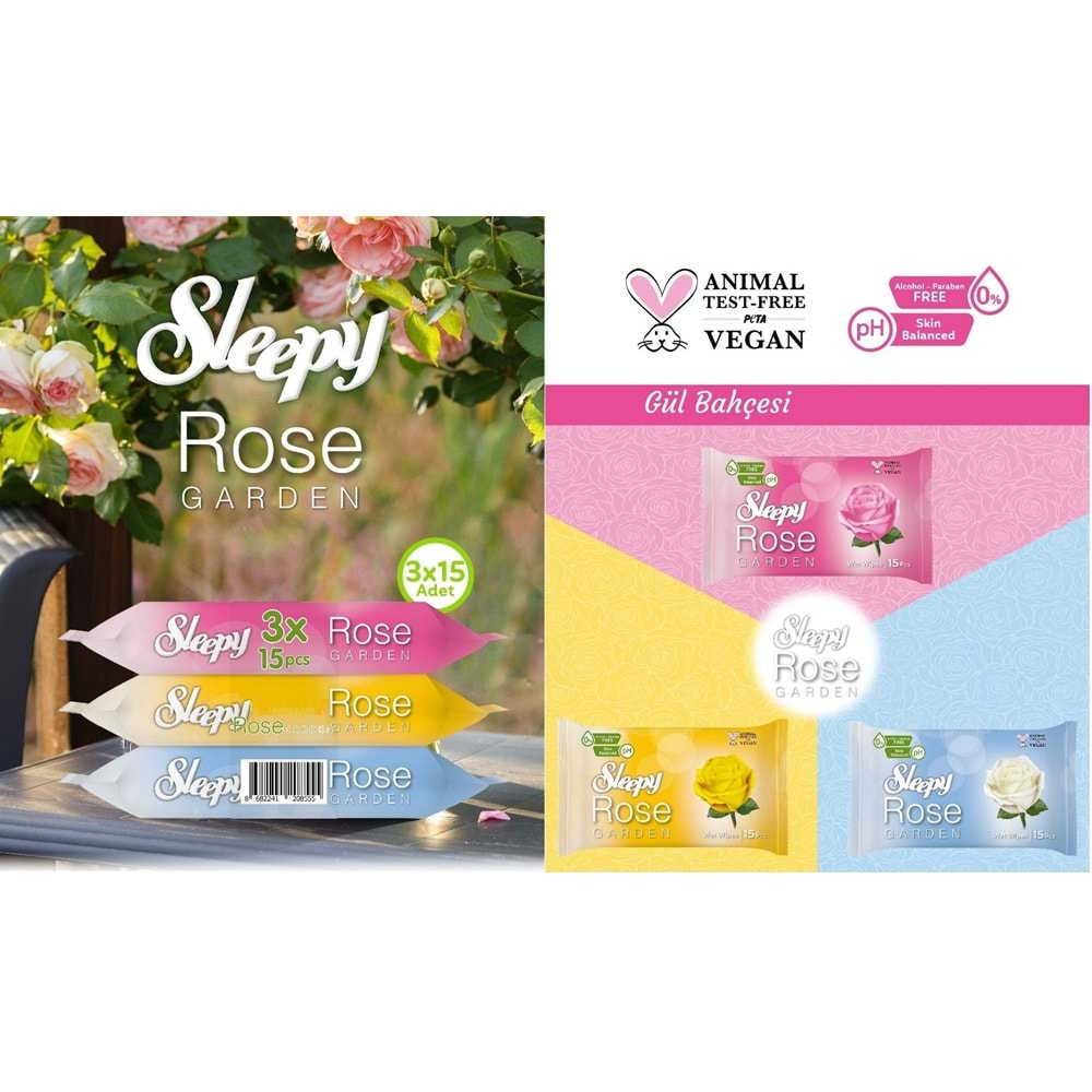 Sleepy Islak Havlu Cep Mendil 15 Yaprak (15 Li Set) Travel Pk Rose/Garden (5PK*3) 225 Yaprak