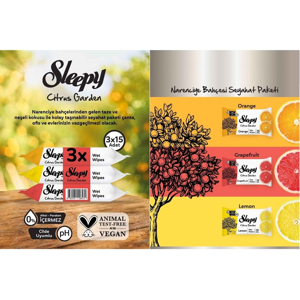 Sleepy Islak Havlu Cep Mendil 15 Yaprak (12 Li Set) Narenciye Bahçesi/Citrus (4PK*3) 180 Yaprak