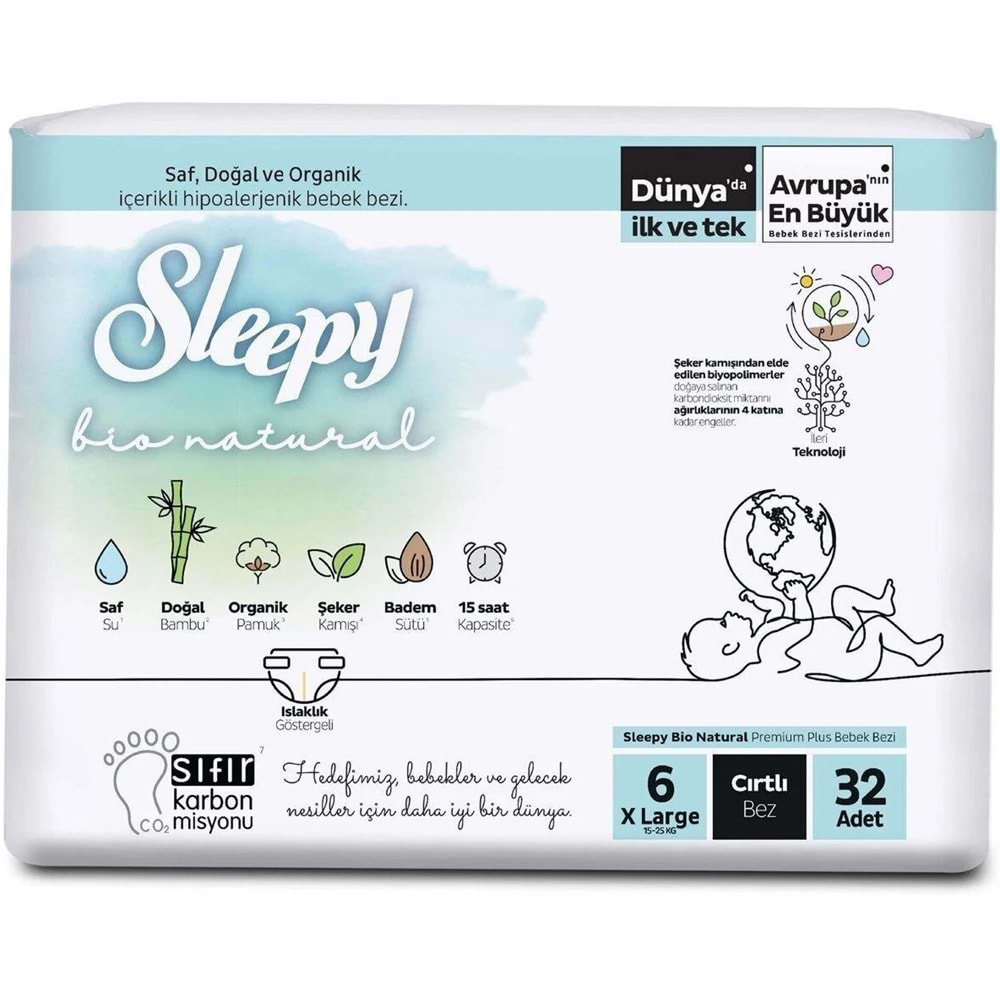 Sleepy Bebek Bezi Bio Natural Beden:6 (15-27KG) X Large 64 Adet Süper Ekonomik Pk