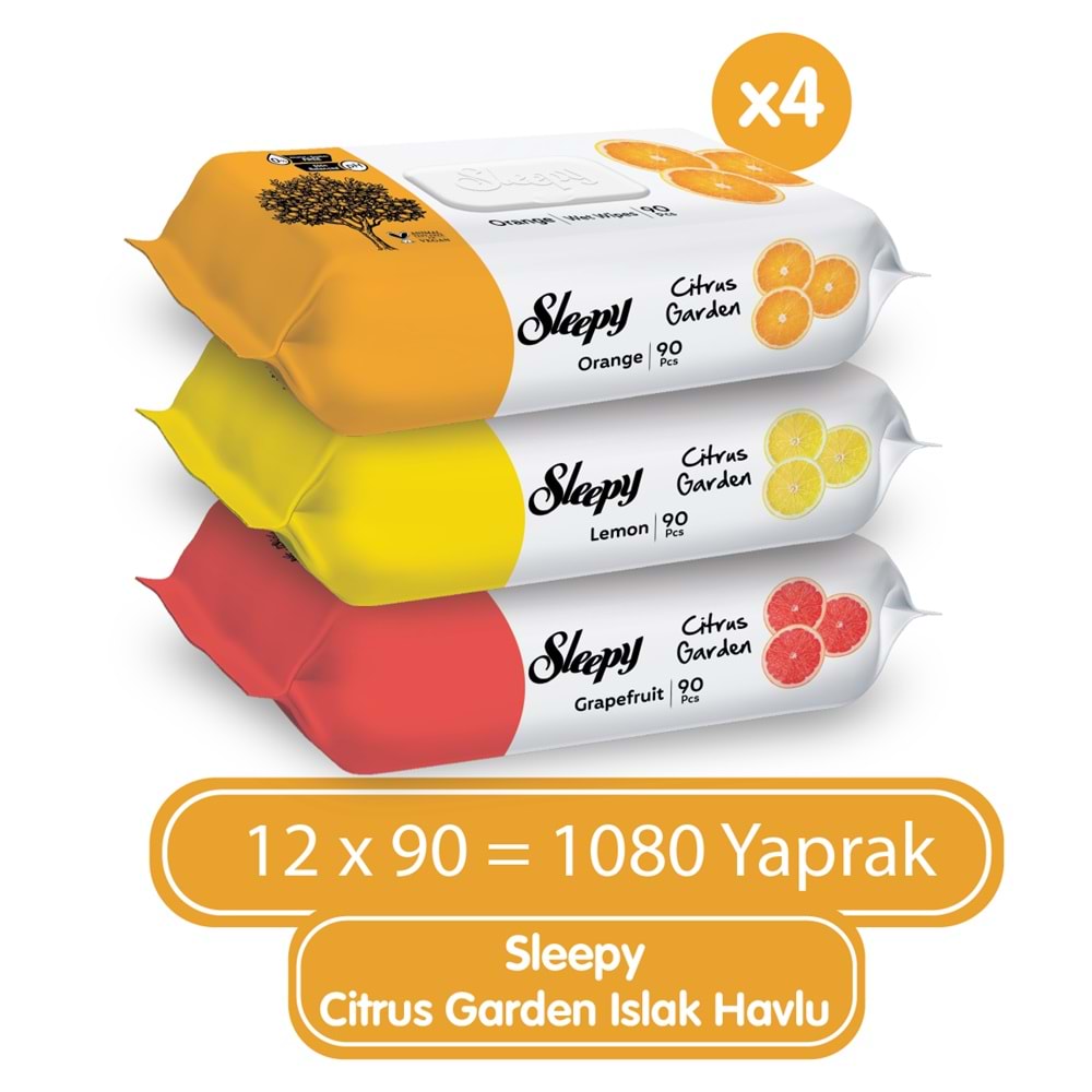 Sleepy Islak Havlu Mendil Meyve Çeşitleri 90 Yaprak (3 Lü Set) Plastik Kapaklı (Citrus Garden)