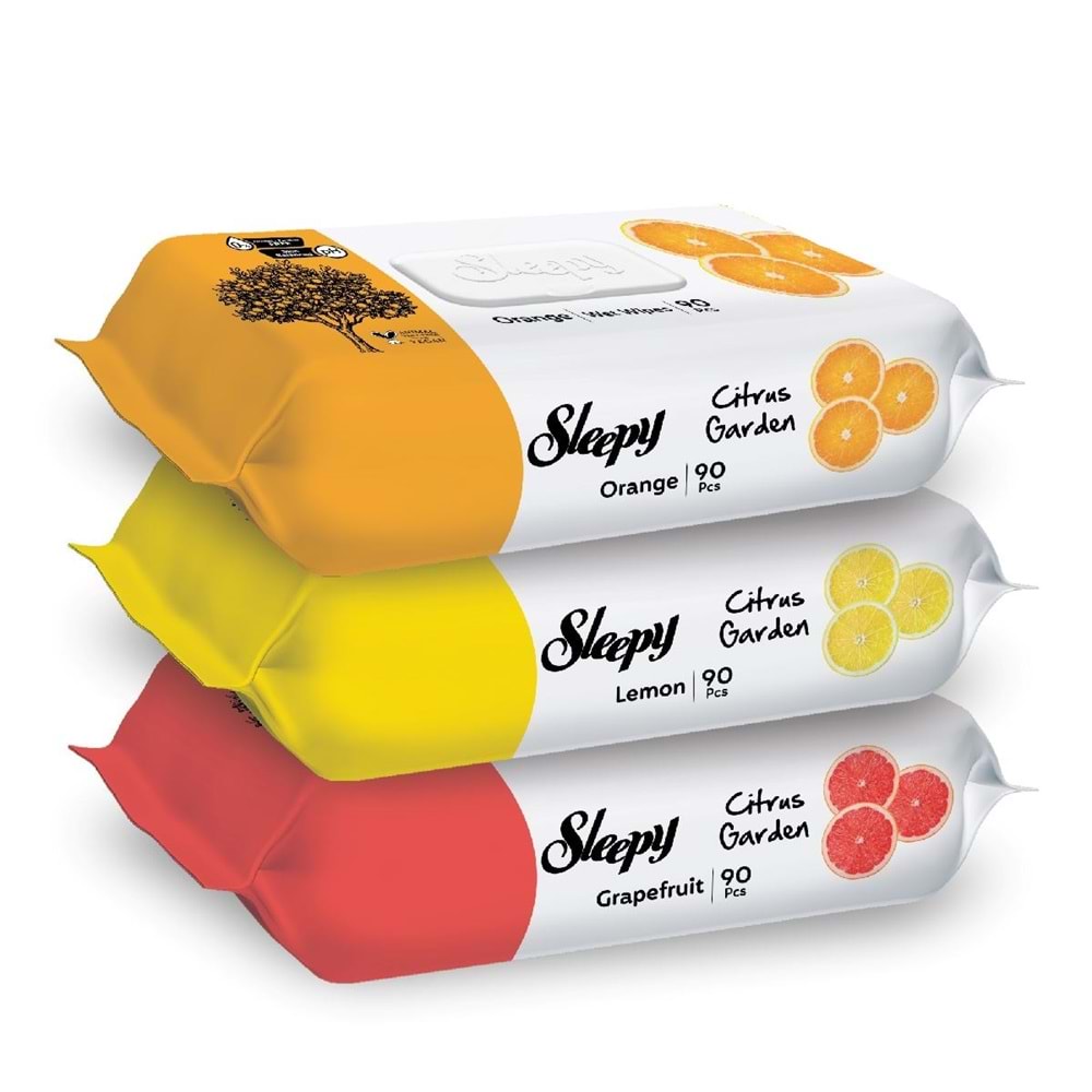 Sleepy Islak Havlu Mendil Meyve Çeşitleri 90 Yaprak (6 Lı Set) Plastik Kapaklı (Citrus Garden)