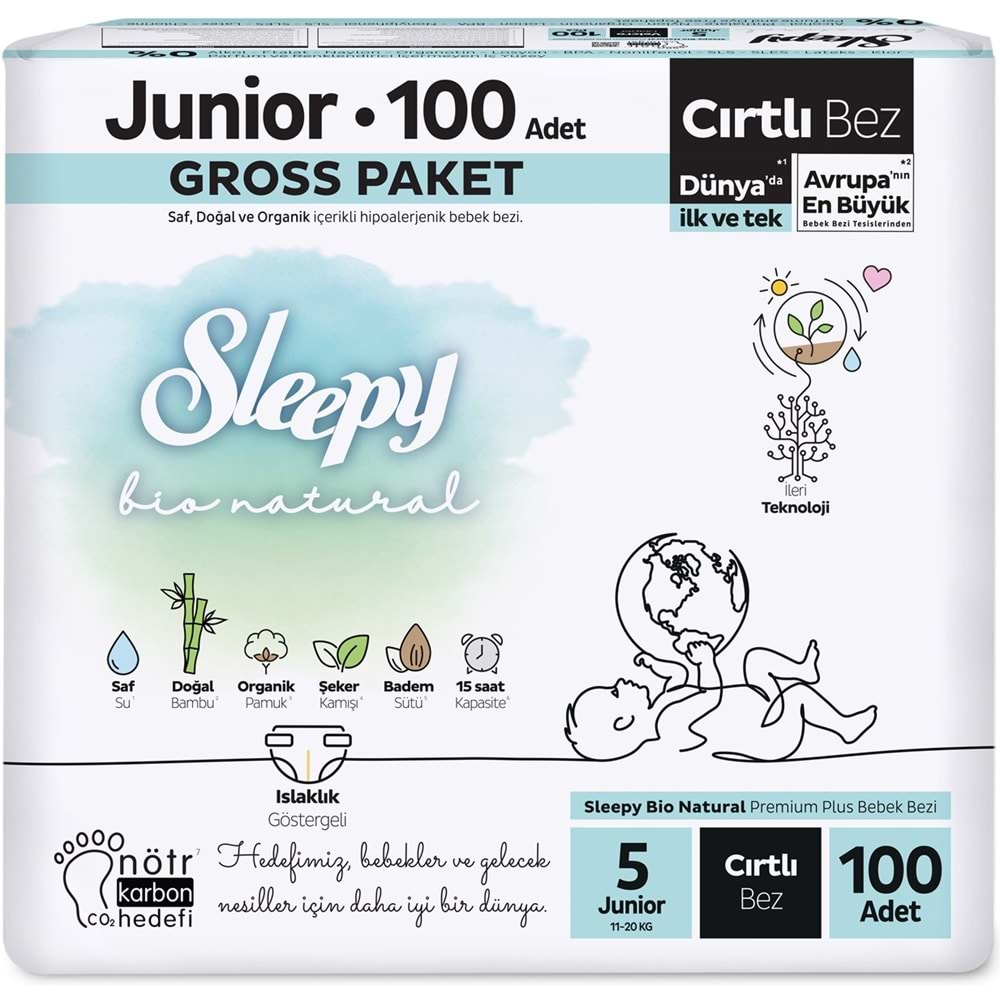 Sleepy Bebek Bezi Bio Natural Beden:5 (11-20KG) Junior 300 Adet Ekonomik Fırsat Gross Pk