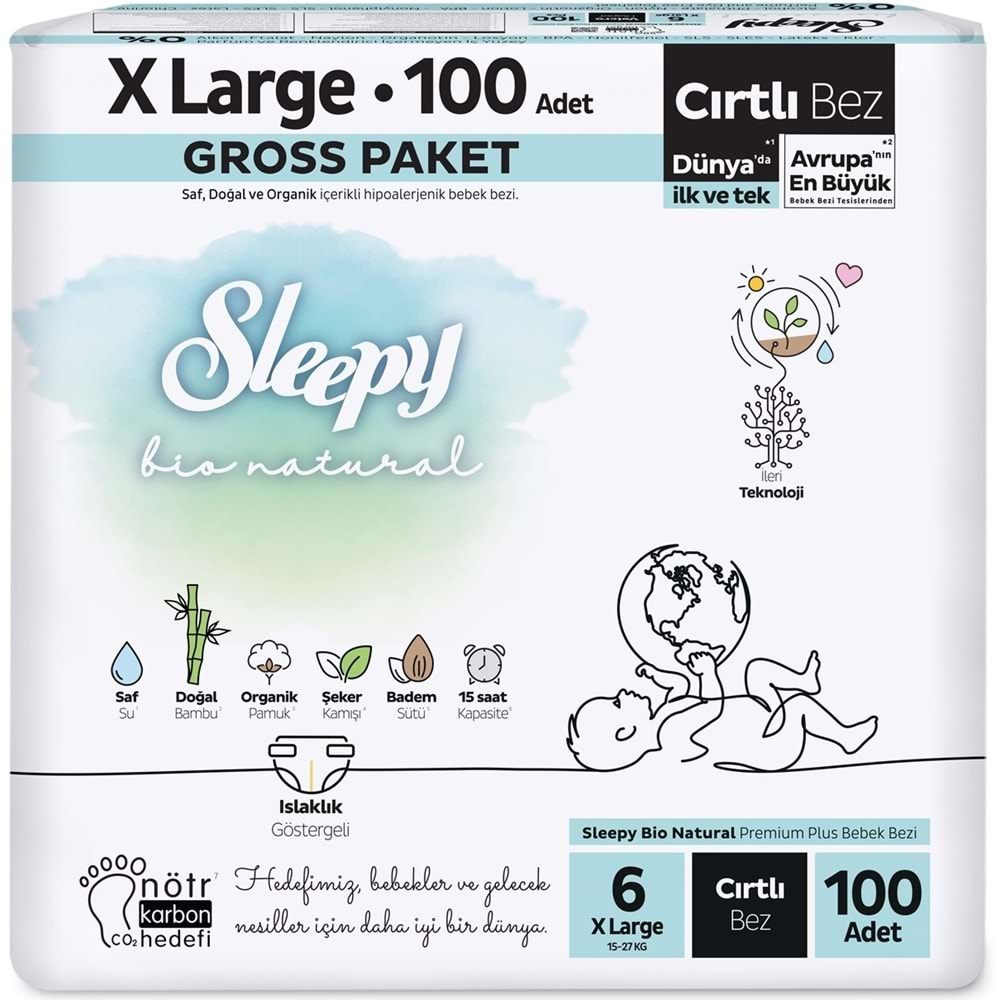 Sleepy Bebek Bezi Bio Natural Beden:6 (15-27KG) X Large 300 Adet Ekonomik Fırsat Gross Pk