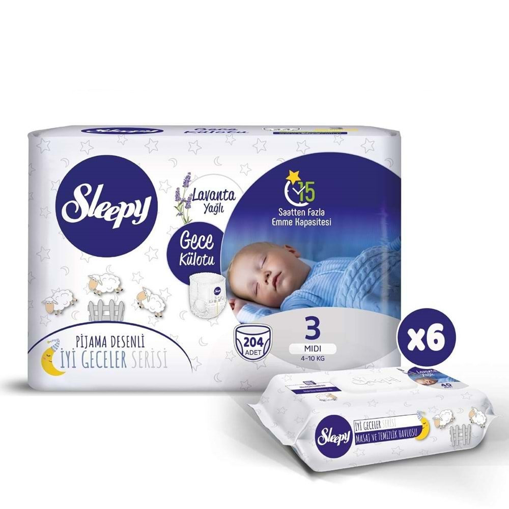 Sleepy Bebek Bezi Gece Külotu Bezi Beden:3 (4-10Kg) Midi 204 Adet Jumbo Pk