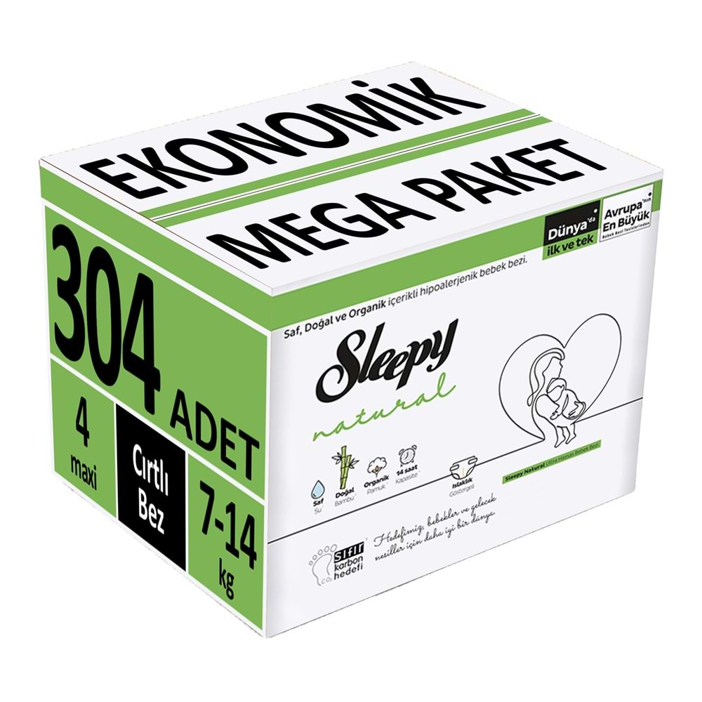 Sleepy Bebek Bezi Natural Beden:4 (7-14Kg) Maxi 304 Adet Ekonomik Mega Pk