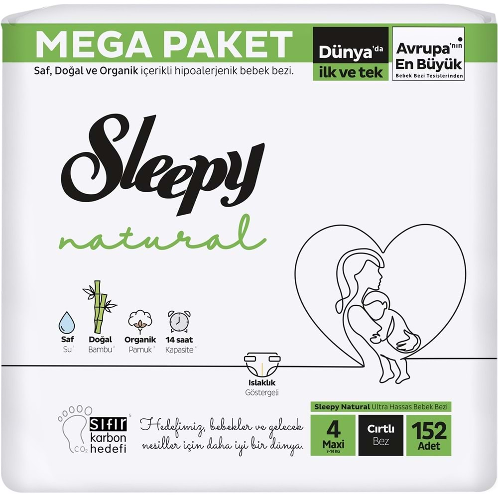 Sleepy Bebek Bezi Natural Beden:4 (7-14Kg) Maxi 456 Adet Aylık Mega Pk