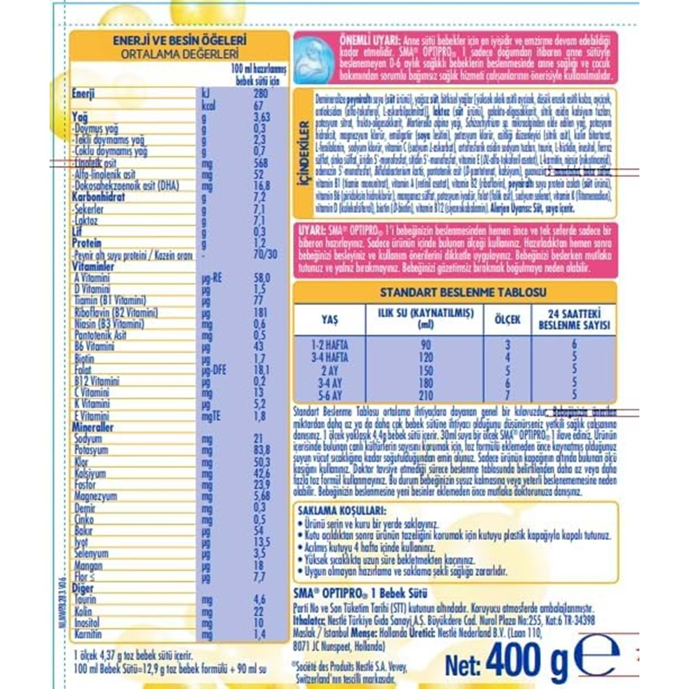 Sma Optipro 400GR No:1 Bebek Sütü (0-6 Ay) (5 Li Set)